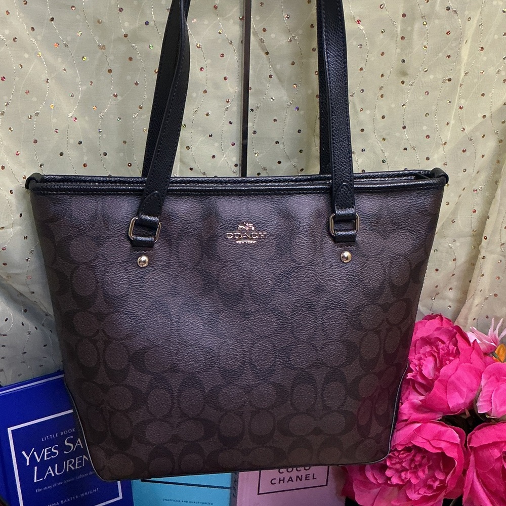 Coach Women's City Tote in signature brown canvas and black leather details